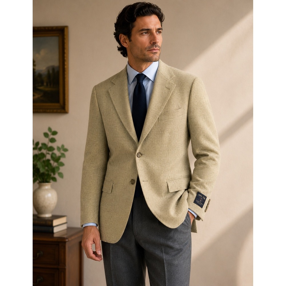 Stuart Hughes Mens 38R Silk Blazer Sport Coat Herringbone Tan Gray 1554 NEW